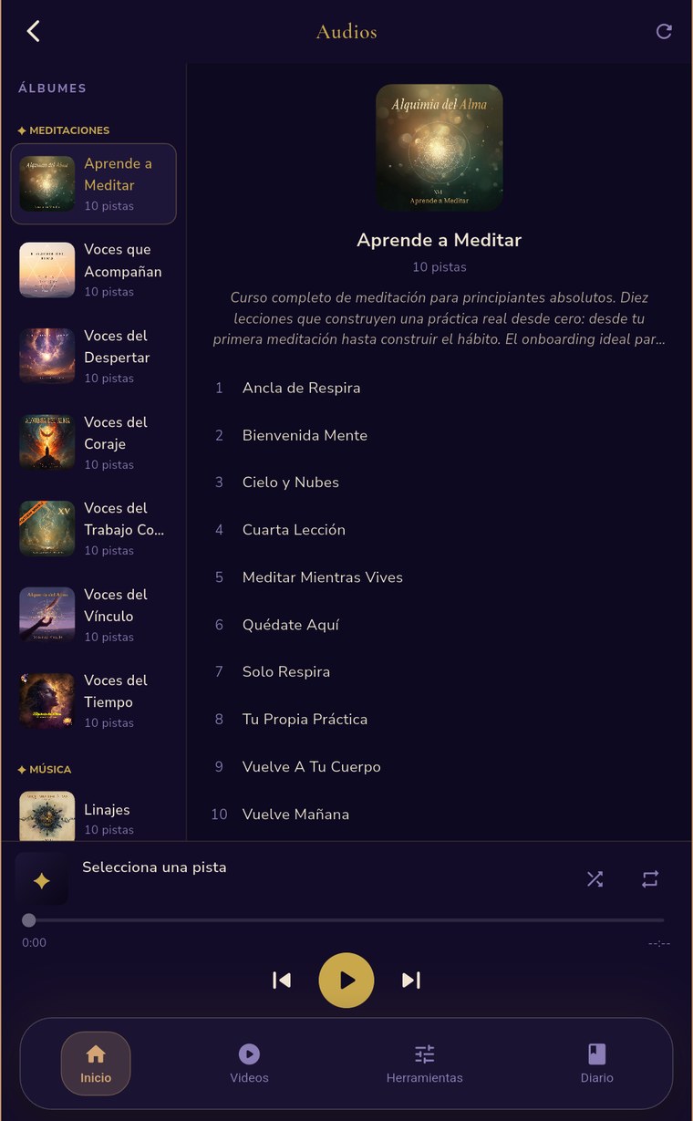 Biblioteca de audios de la app, con los álbumes de meditación y música y su reproductor.