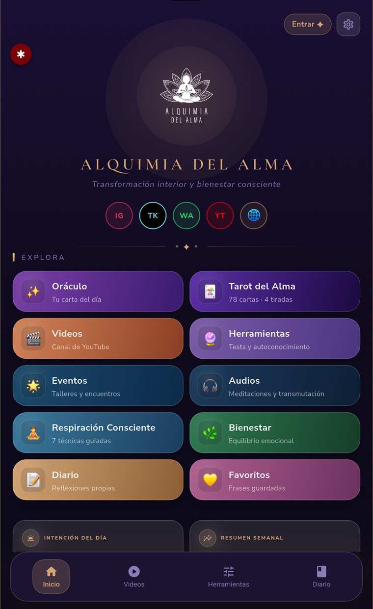 Pantalla de inicio de la app, con accesos a Oráculo, Tarot del Alma, Videos, Herramientas, Eventos, Audios, Respiración Consciente, Bienestar, Diario y Favoritos.