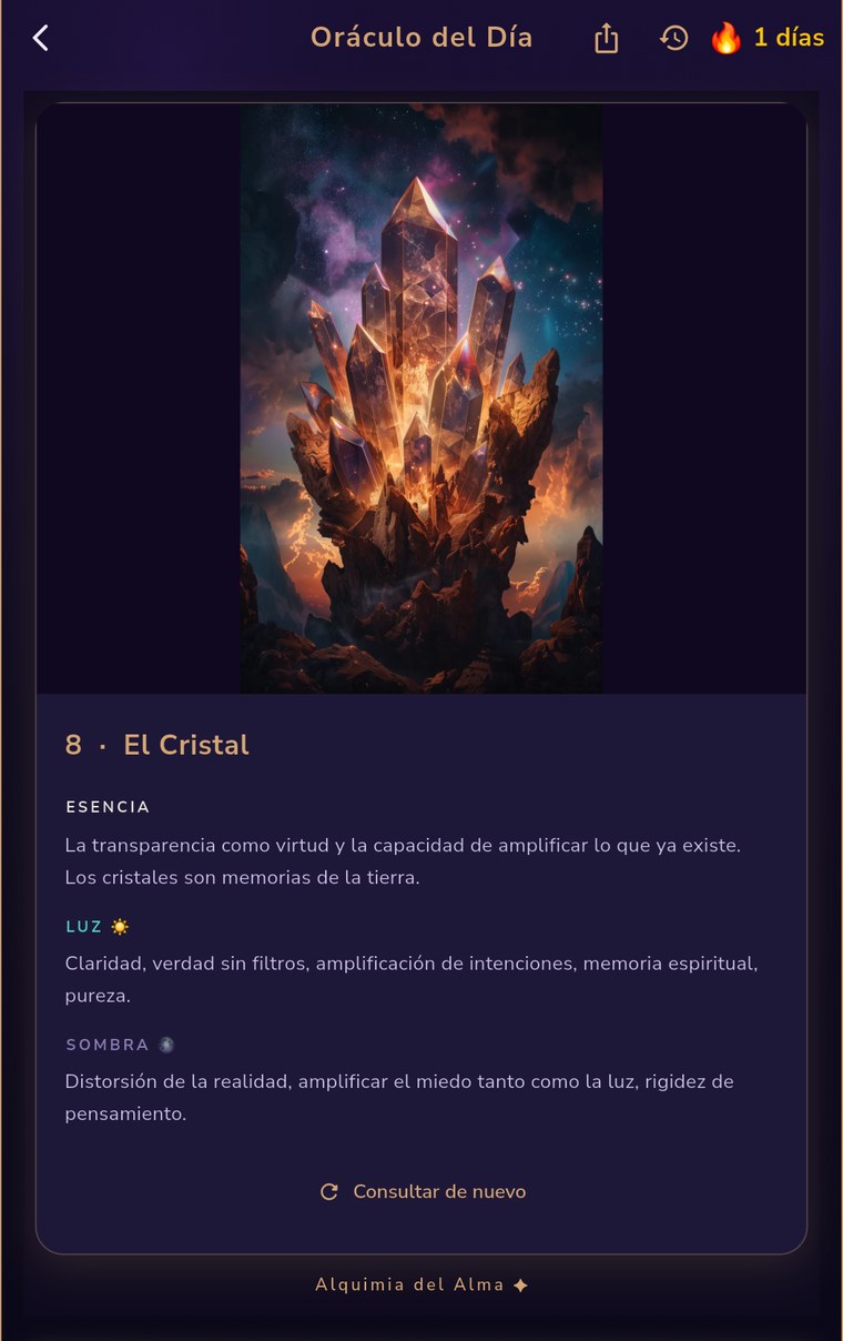 Carta del oráculo del día en la app: El Cristal, con su esencia, su luz y su sombra.