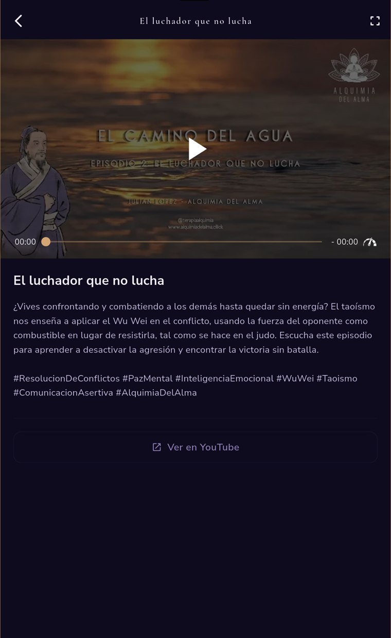 Reproductor de video de la app, con control de velocidad y descripción del episodio.