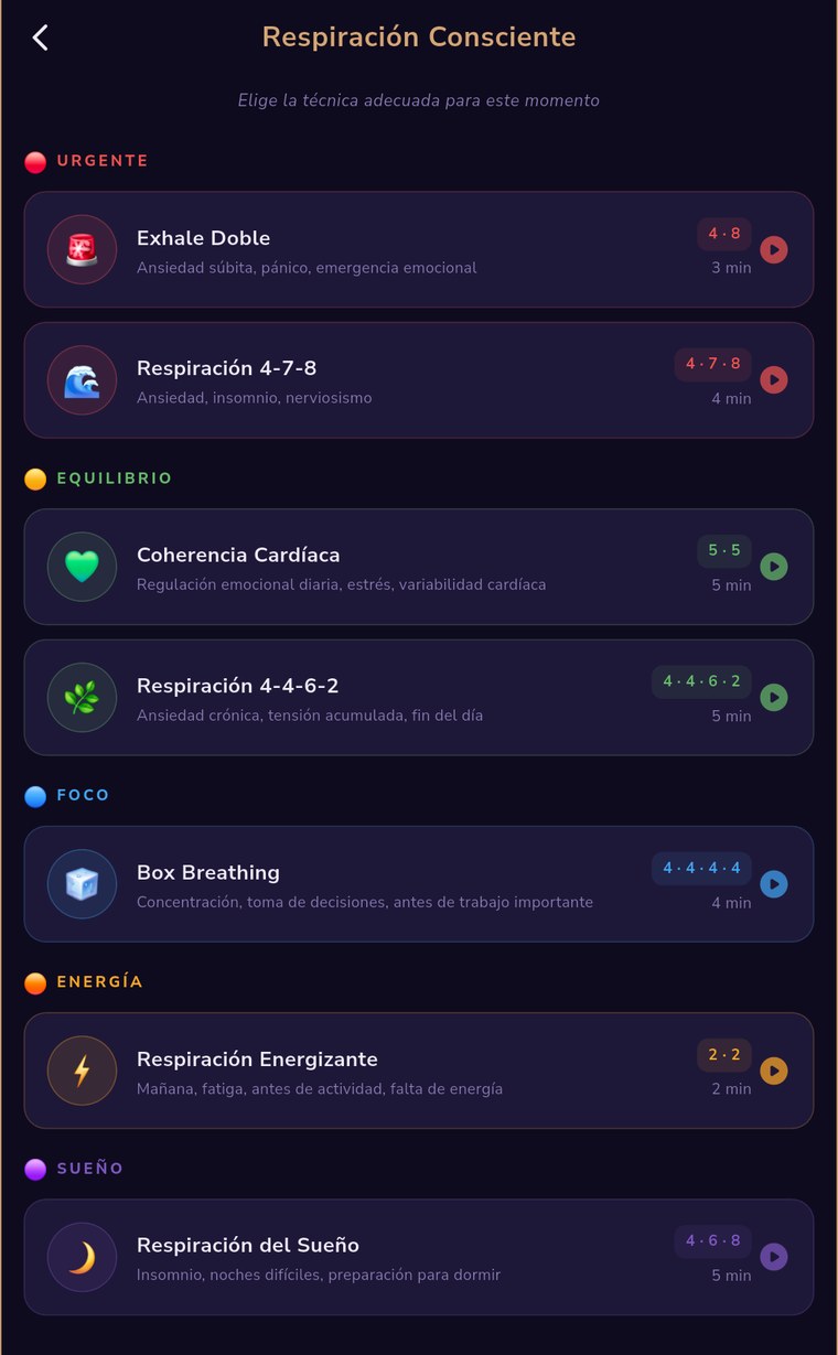 Pantalla de Respiración Consciente, con las técnicas agrupadas por urgencia, equilibrio, foco, energía y sueño; la primera es Exhale Doble, para ansiedad aguda y pánico.