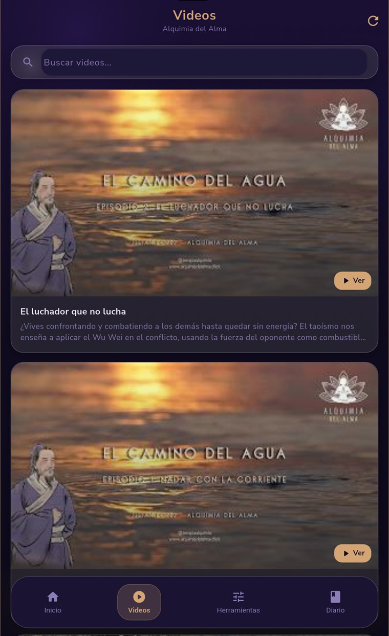 Biblioteca de videos de la app, con buscador y episodios de la serie El Camino del Agua.